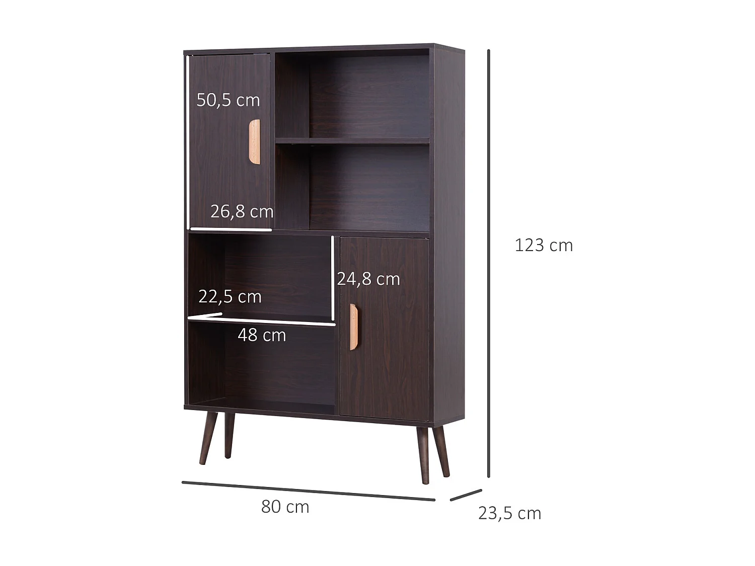 Bibliothèque scandinave 4 niches + 2 placards avec étagère dim. 80L x 24l x 123H cm pieds effilés inclinés bois massif panneaux particules wengé