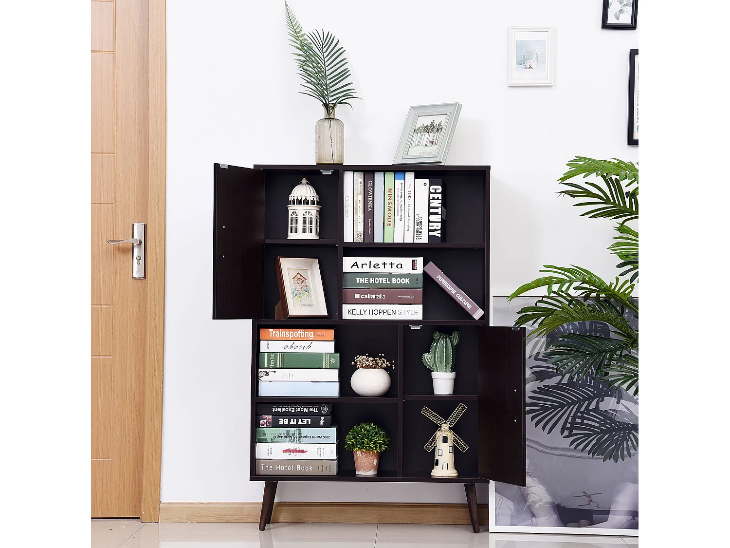 Bibliothèque scandinave 4 niches + 2 placards avec étagère dim. 80L x 24l x 123H cm pieds effilés inclinés bois massif panneaux particules wengé