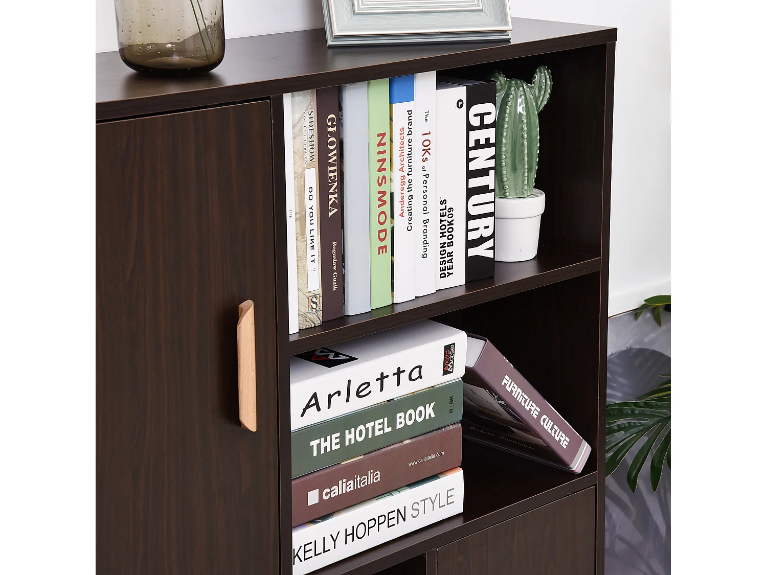 Bibliothèque scandinave 4 niches + 2 placards avec étagère dim. 80L x 24l x 123H cm pieds effilés inclinés bois massif panneaux particules wengé