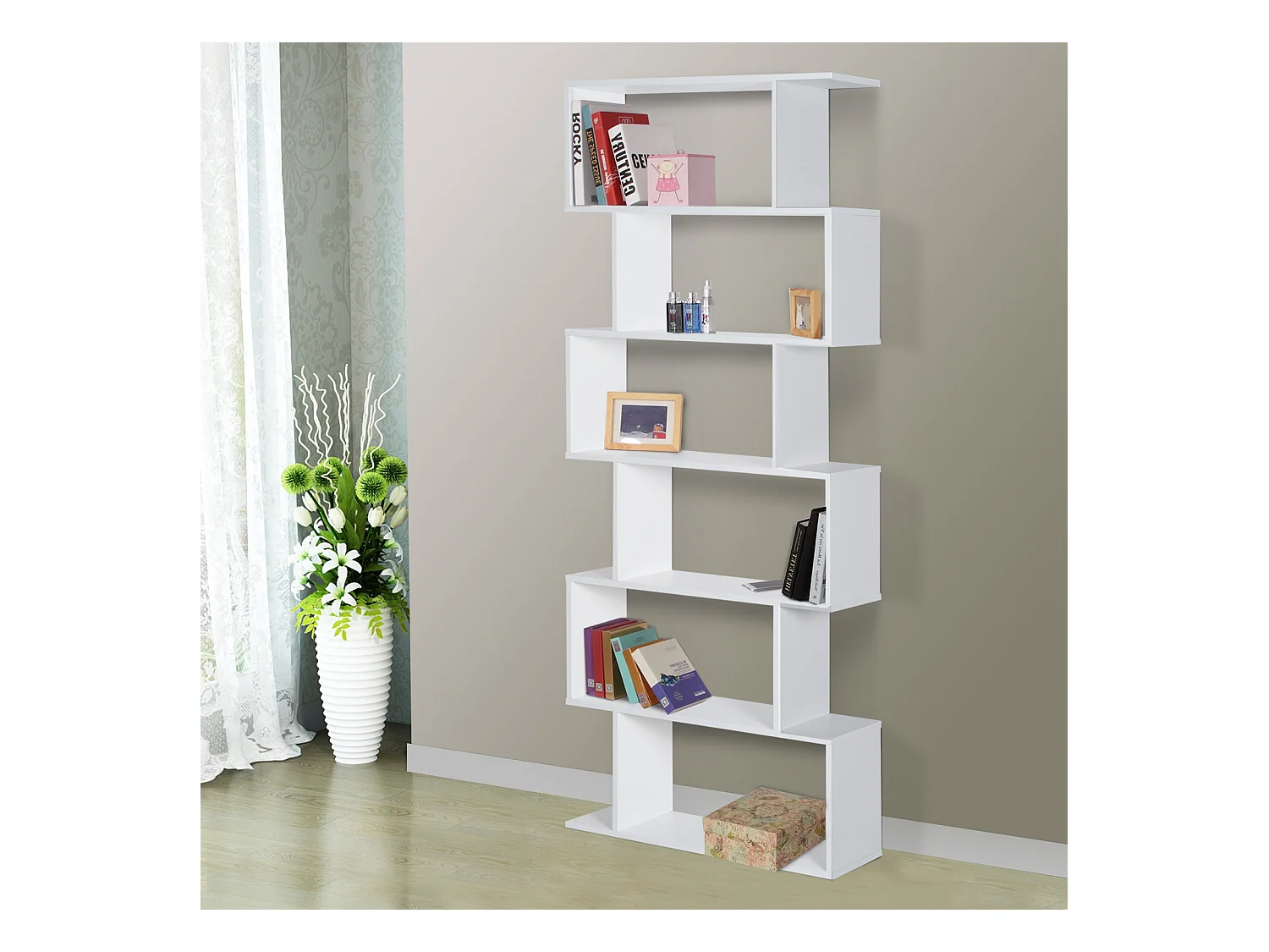 Bibliothèque étagère zig zag design contemporain 80L x 23l x 192H cm 6 niveaux blanc