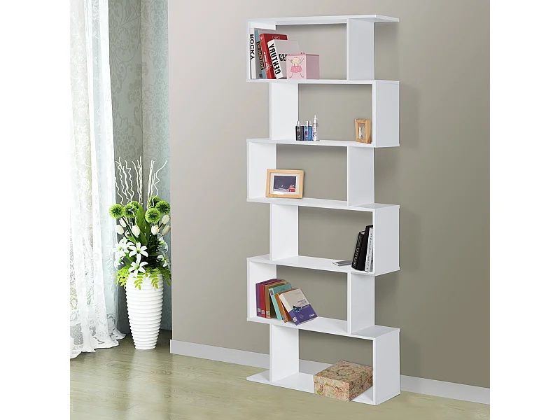 Bibliothèque étagère zig zag design contemporain 80L x 23l x 192H cm 6 niveaux blanc