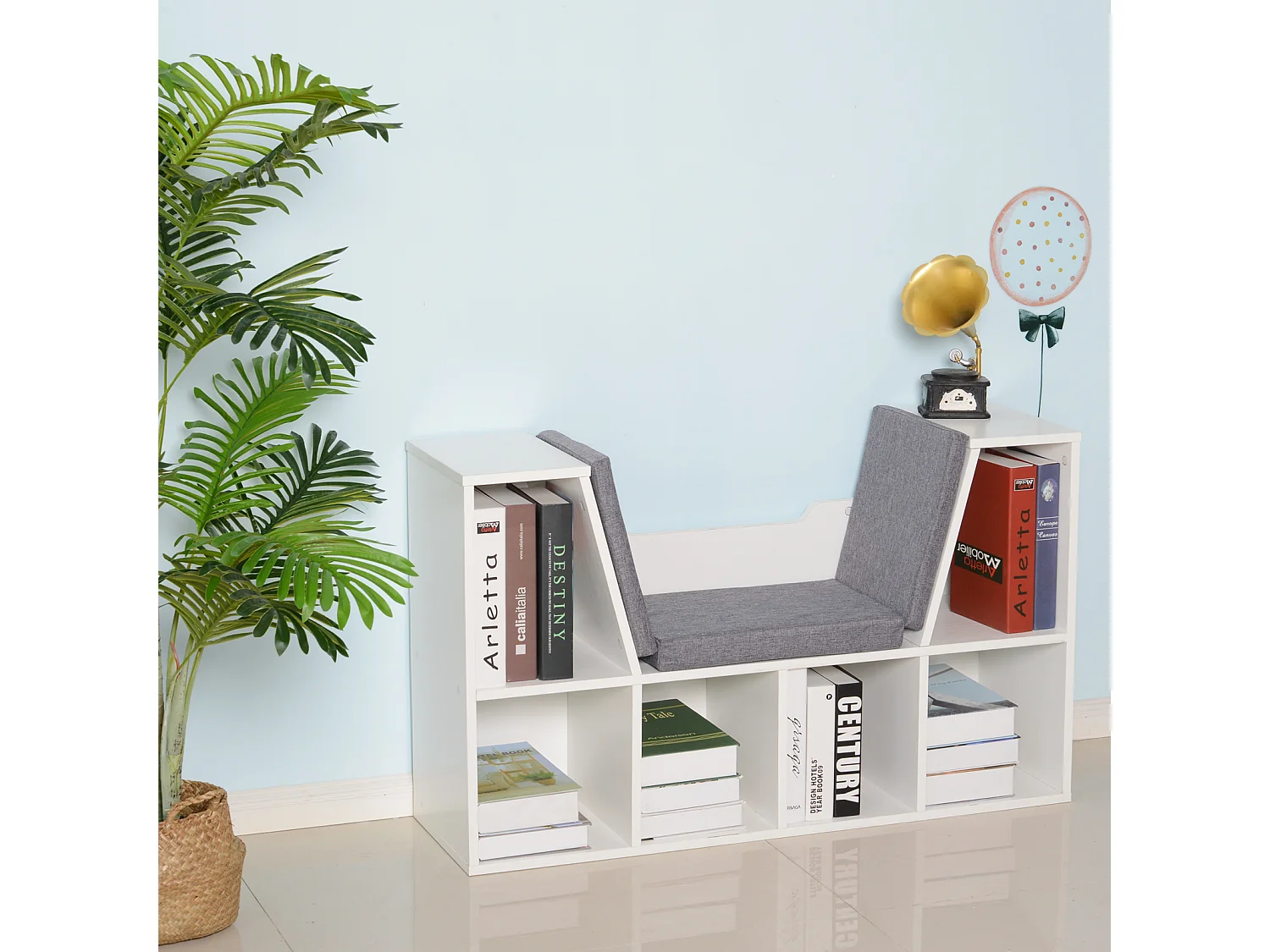 Bibliothèque banc 2 en 1 design contemporain 6 casiers 3 coussins fournis 102L x 30l x 61H cm blanc gris chiné