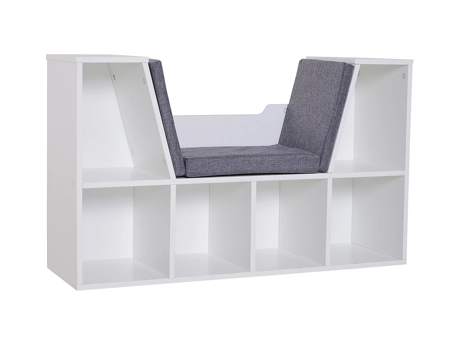Bibliothèque banc 2 en 1 design contemporain 6 casiers 3 coussins fournis 102L x 30l x 61H cm blanc gris chiné