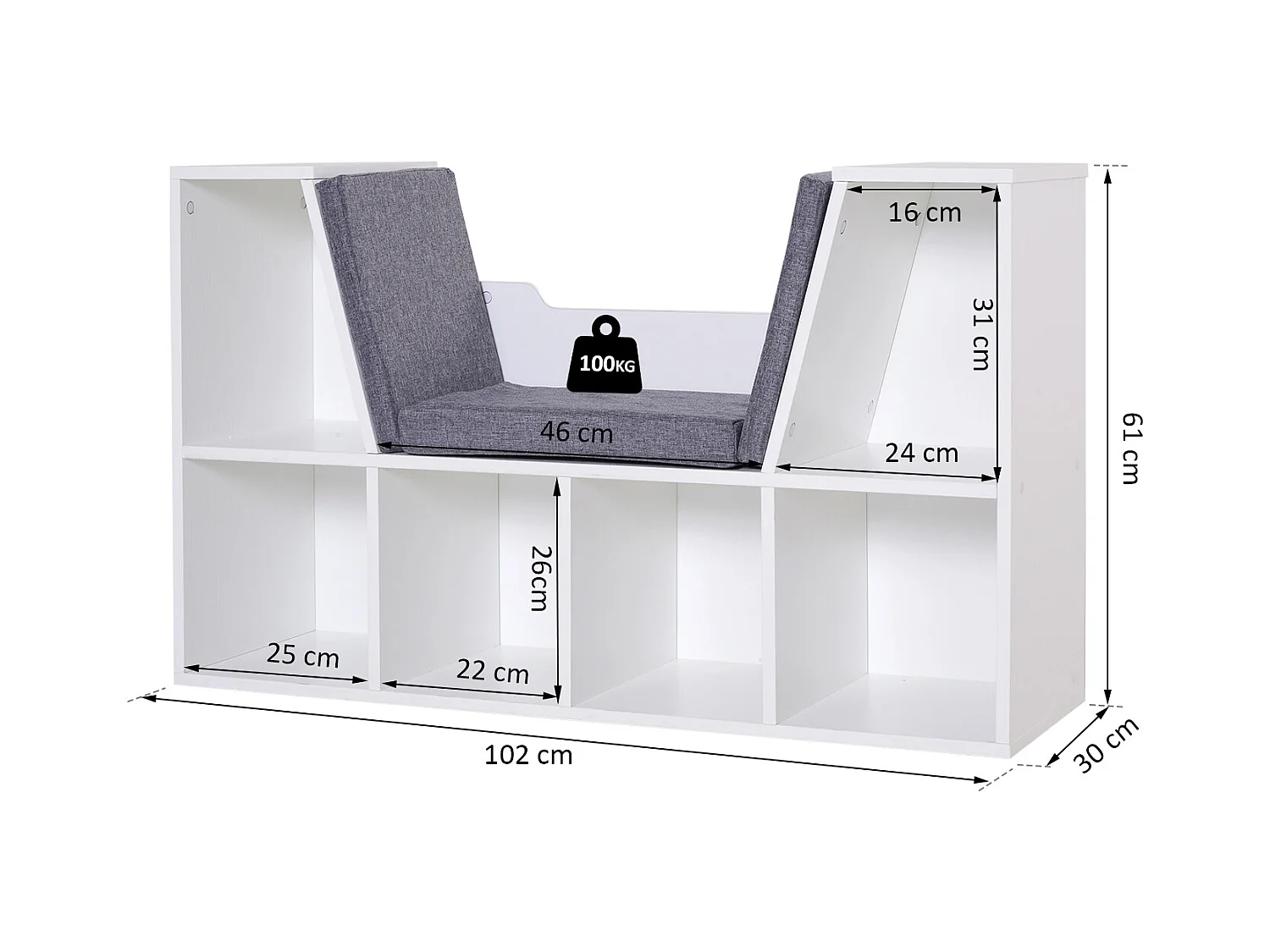 Bibliothèque banc 2 en 1 design contemporain 6 casiers 3 coussins fournis 102L x 30l x 61H cm blanc gris chiné