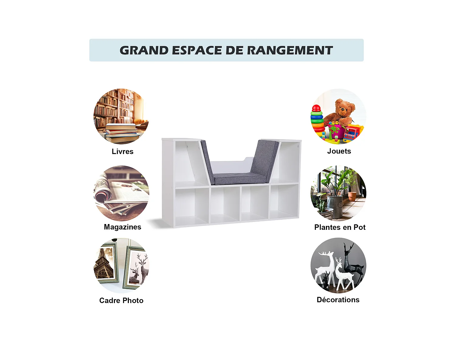 Bibliothèque banc 2 en 1 design contemporain 6 casiers 3 coussins fournis 102L x 30l x 61H cm blanc gris chiné