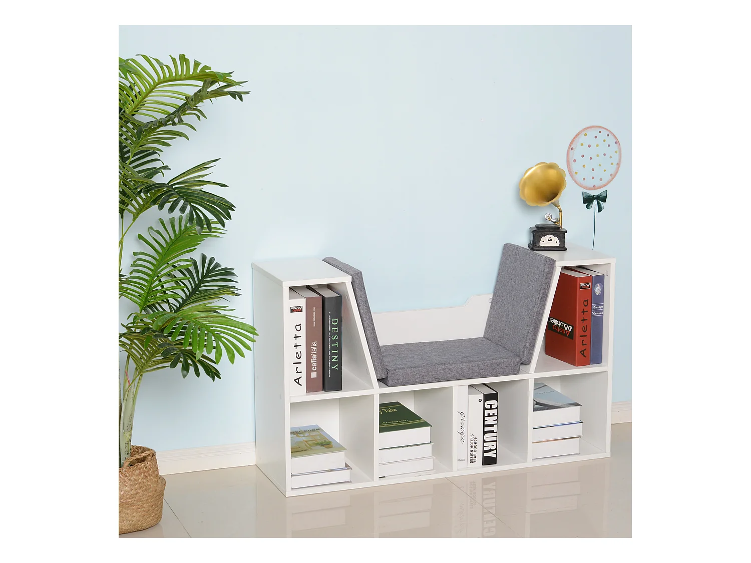 Bibliothèque banc 2 en 1 design contemporain 6 casiers 3 coussins fournis 102L x 30l x 61H cm blanc gris chiné