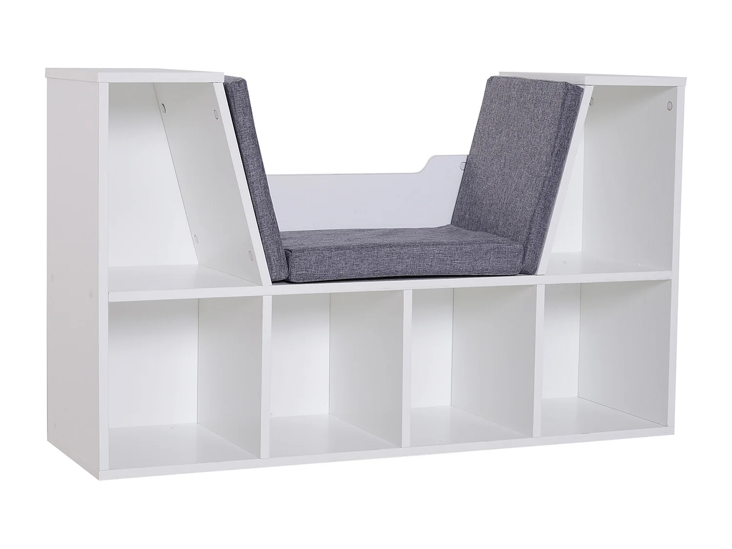 Bibliothèque banc 2 en 1 design contemporain 6 casiers 3 coussins fournis 102L x 30l x 61H cm blanc gris chiné