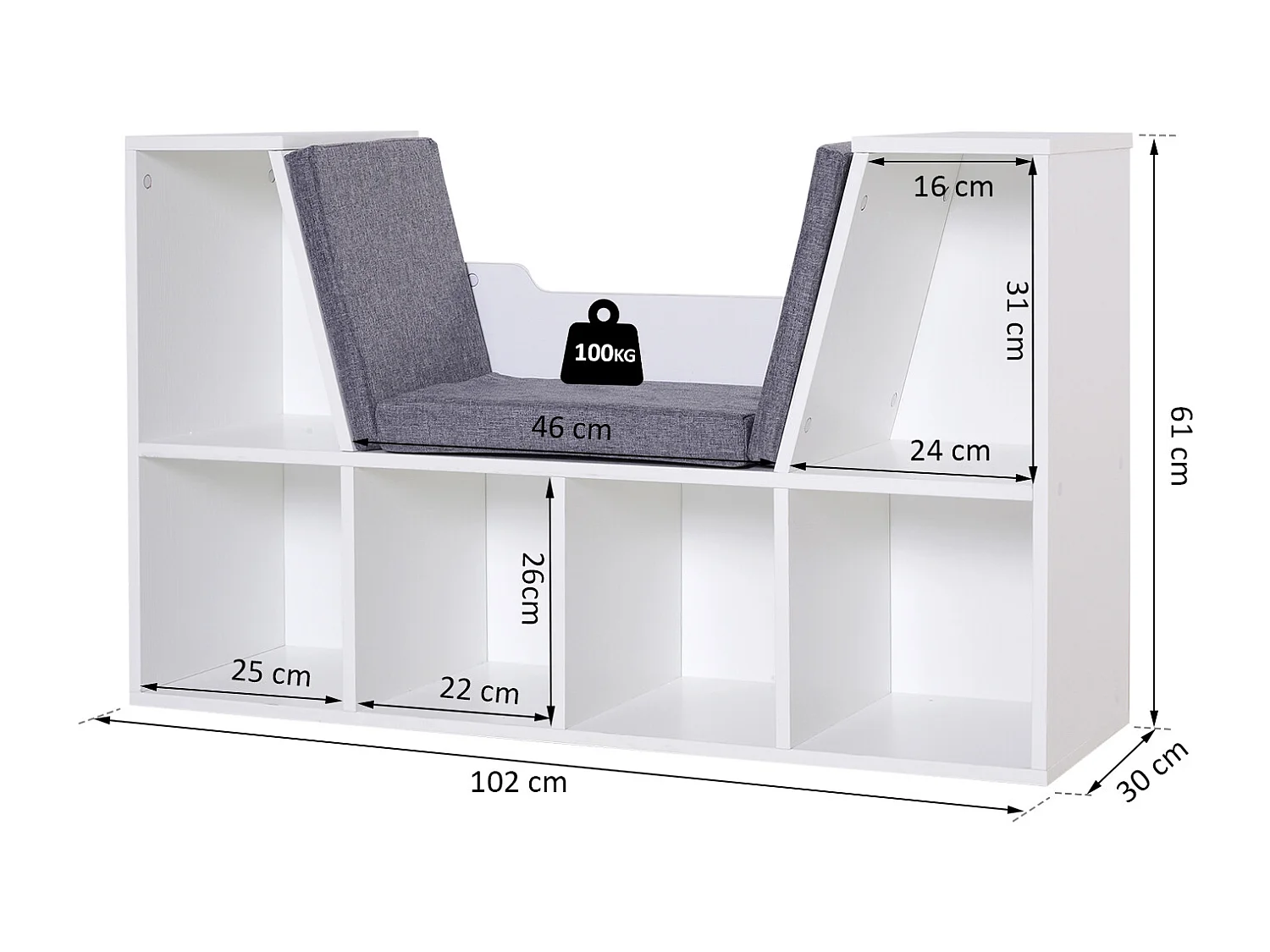 Bibliothèque banc 2 en 1 design contemporain 6 casiers 3 coussins fournis 102L x 30l x 61H cm blanc gris chiné