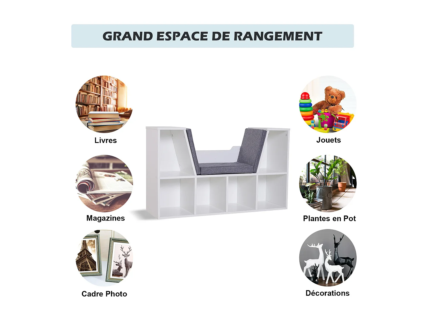 Bibliothèque banc 2 en 1 design contemporain 6 casiers 3 coussins fournis 102L x 30l x 61H cm blanc gris chiné