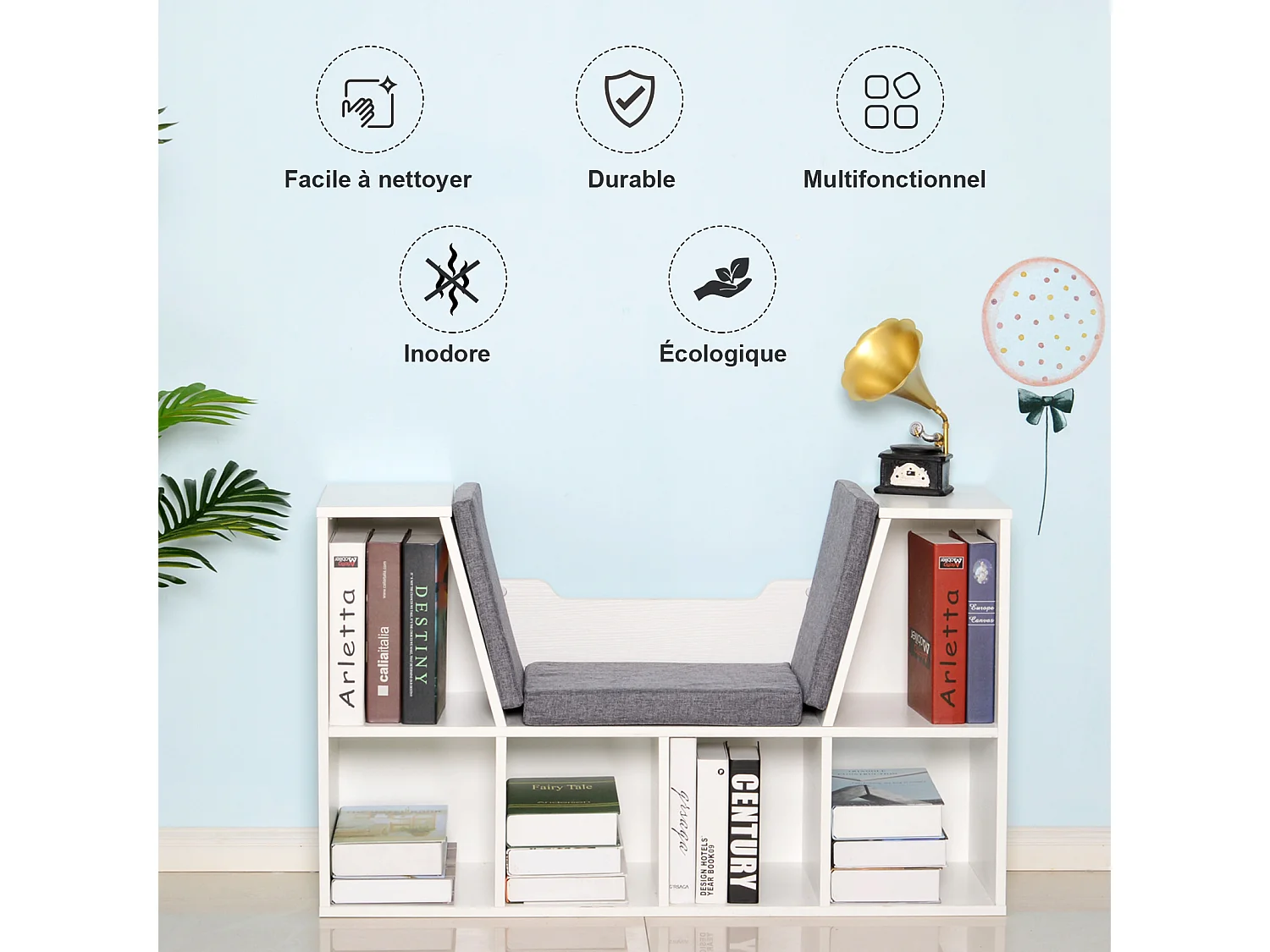 Bibliothèque banc 2 en 1 design contemporain 6 casiers 3 coussins fournis 102L x 30l x 61H cm blanc gris chiné