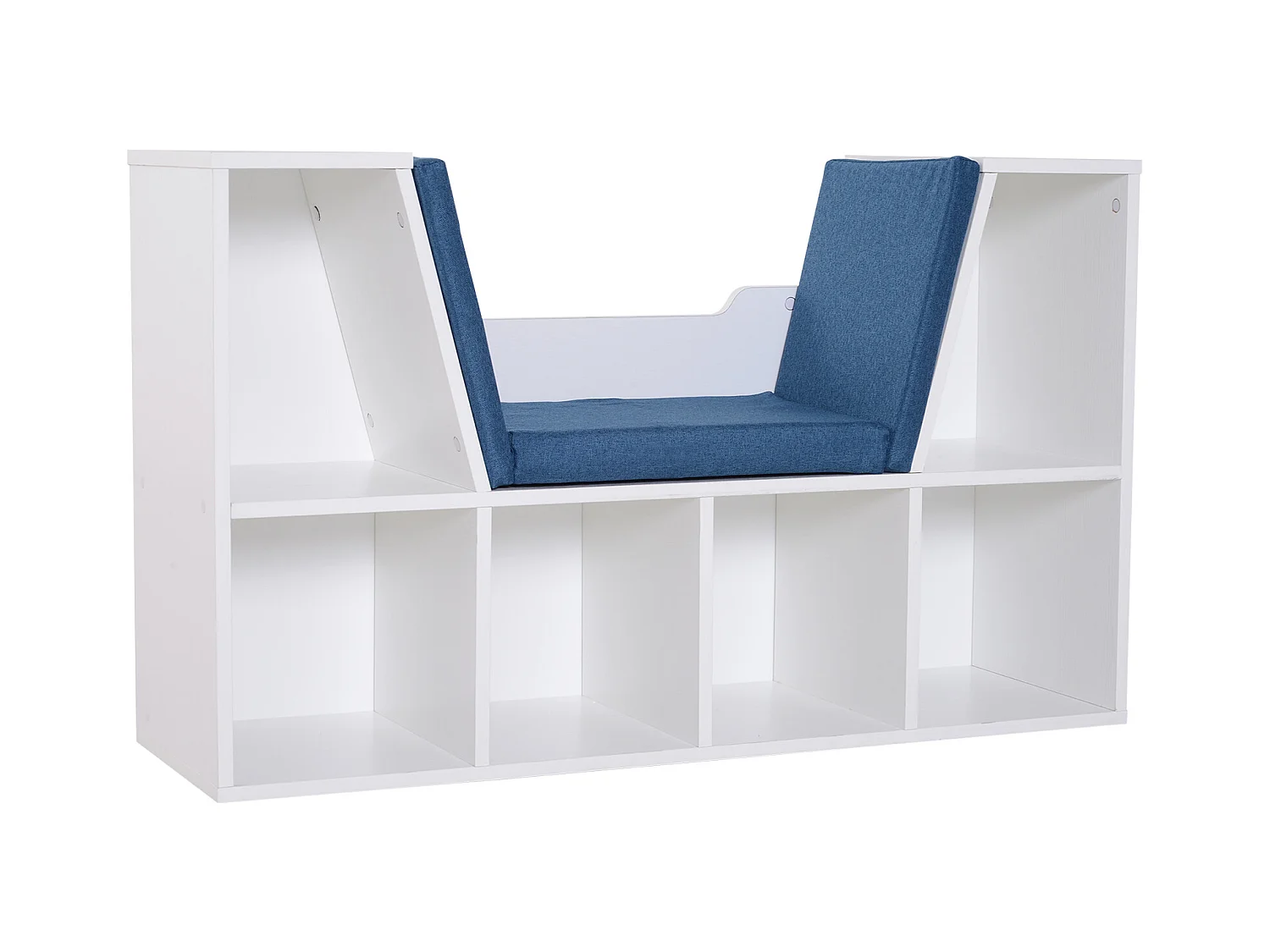 Bibliothèque banc 2 en 1 design contemporain 6 casiers 3 coussins fournis 102L x 30l x 61H cm blanc bleu