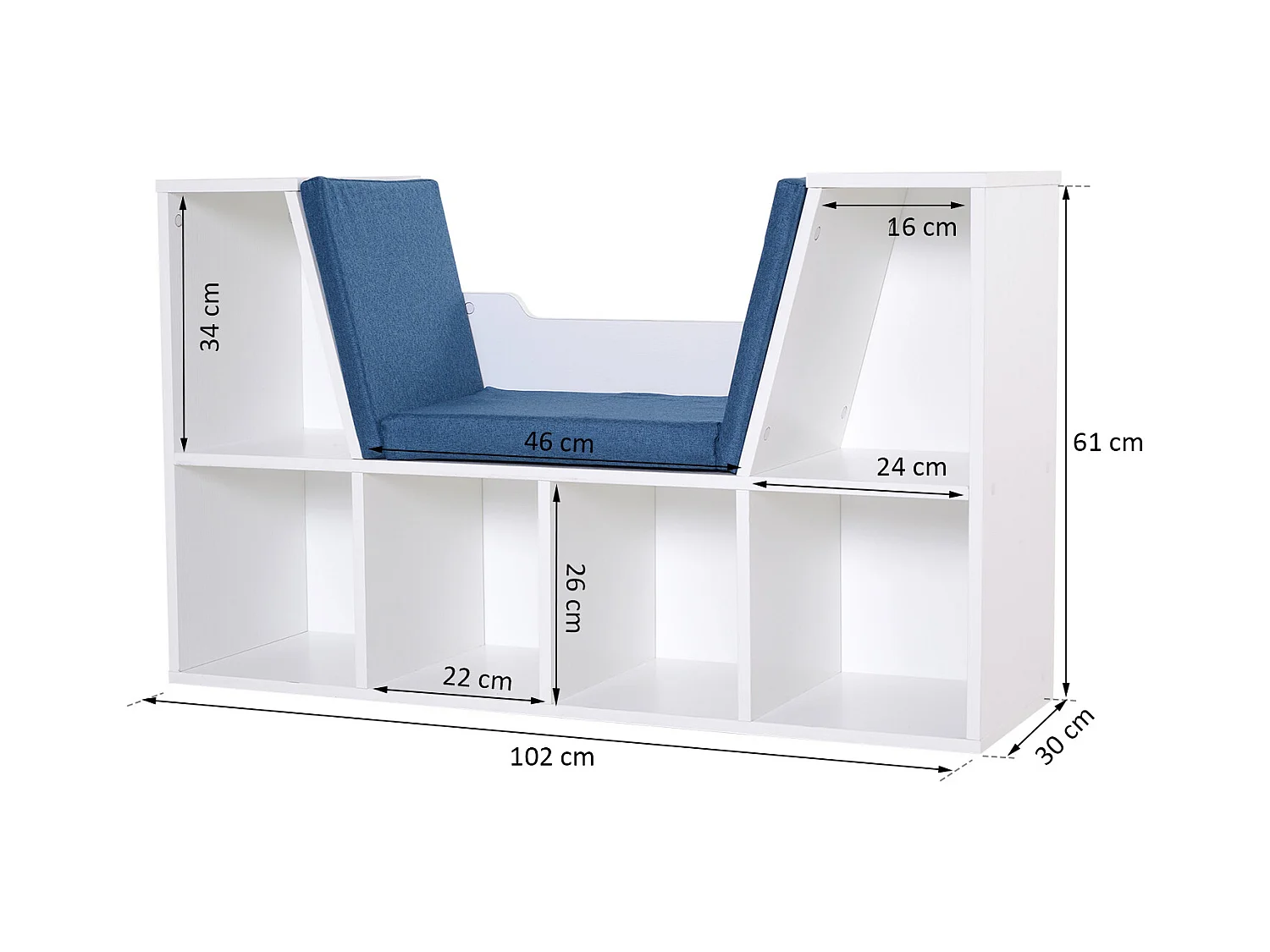 Bibliothèque banc 2 en 1 design contemporain 6 casiers 3 coussins fournis 102L x 30l x 61H cm blanc bleu