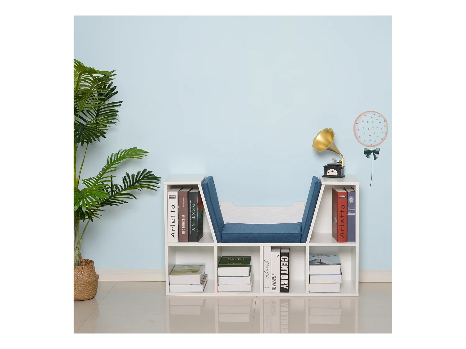 Bibliothèque banc 2 en 1 design contemporain 6 casiers 3 coussins fournis 102L x 30l x 61H cm blanc bleu