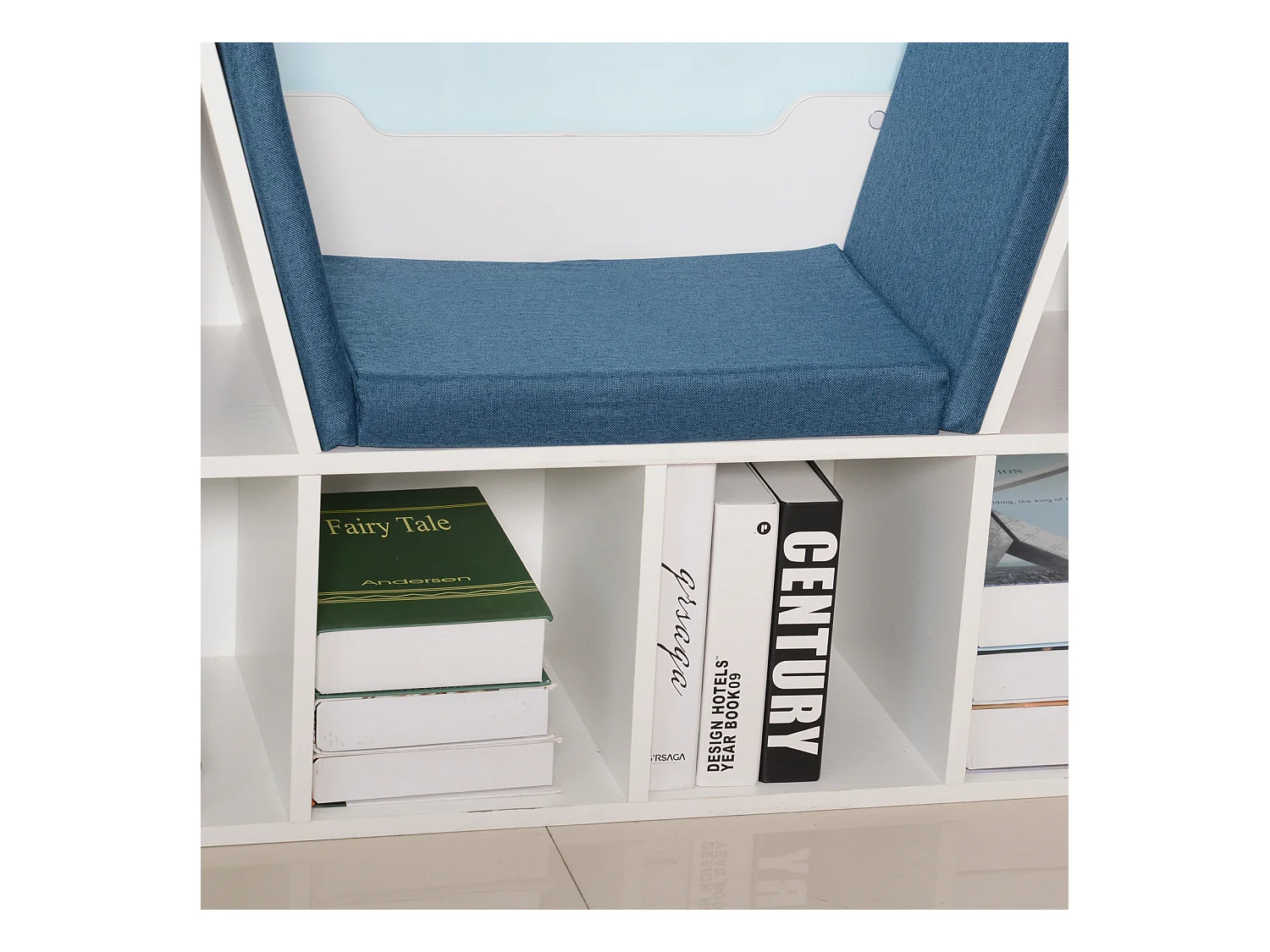 Bibliothèque banc 2 en 1 design contemporain 6 casiers 3 coussins fournis 102L x 30l x 61H cm blanc bleu