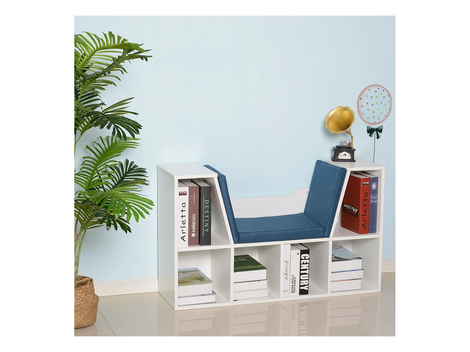 Bibliothèque banc 2 en 1 design contemporain 6 casiers 3 coussins fournis 102L x 30l x 61H cm blanc bleu