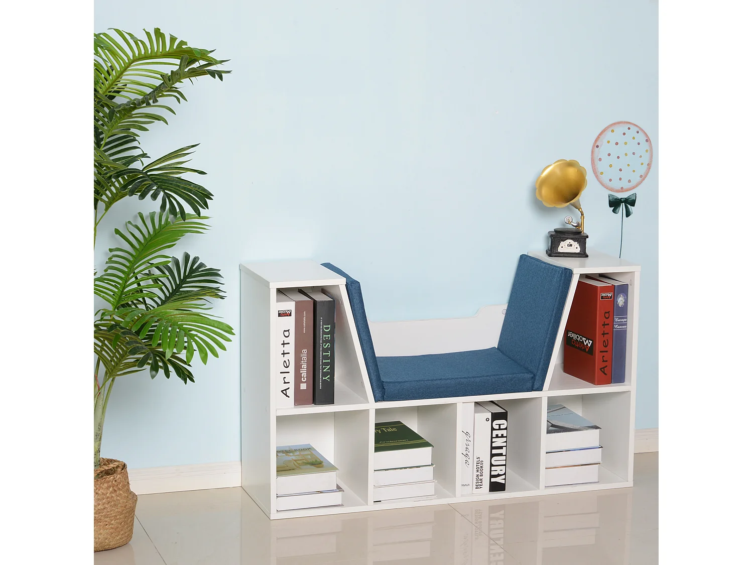 Bibliothèque banc 2 en 1 design contemporain 6 casiers 3 coussins fournis 102L x 30l x 61H cm blanc bleu