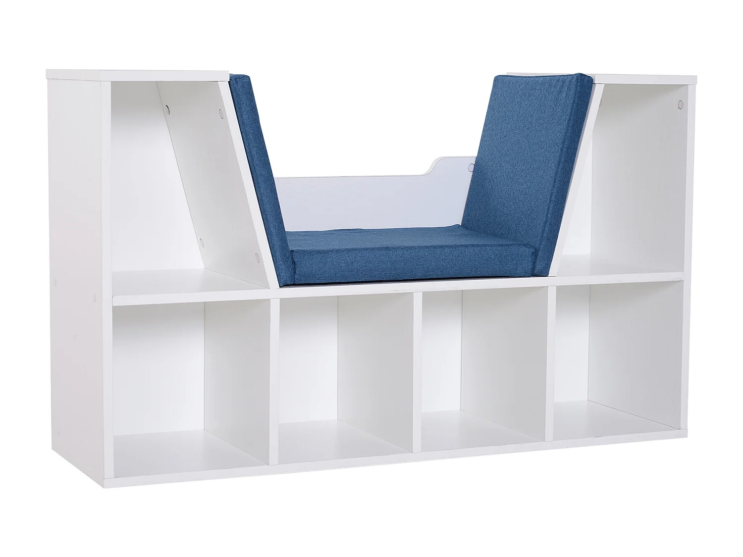 Bibliothèque banc 2 en 1 design contemporain 6 casiers 3 coussins fournis 102L x 30l x 61H cm blanc bleu
