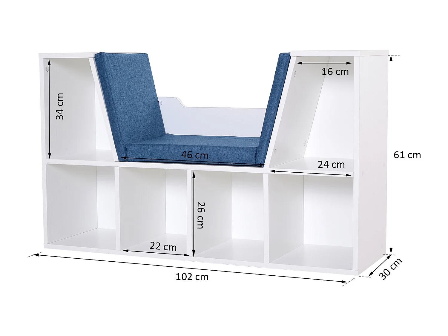 Bibliothèque banc 2 en 1 design contemporain 6 casiers 3 coussins fournis 102L x 30l x 61H cm blanc bleu