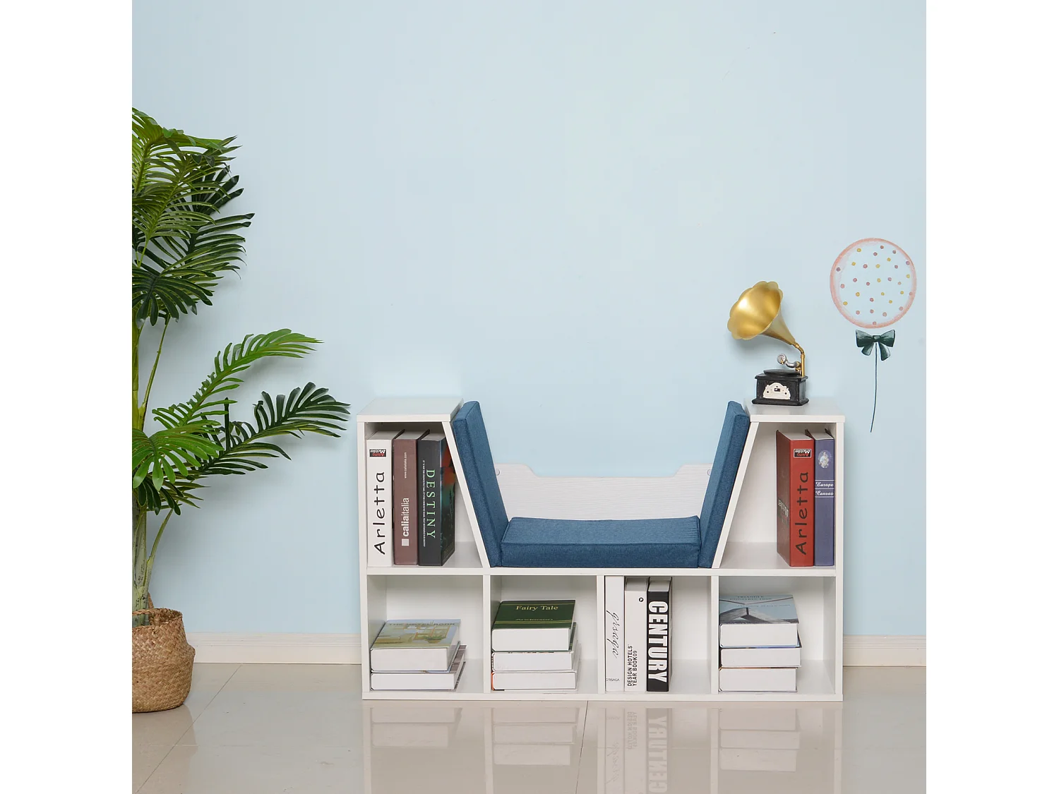 Bibliothèque banc 2 en 1 design contemporain 6 casiers 3 coussins fournis 102L x 30l x 61H cm blanc bleu