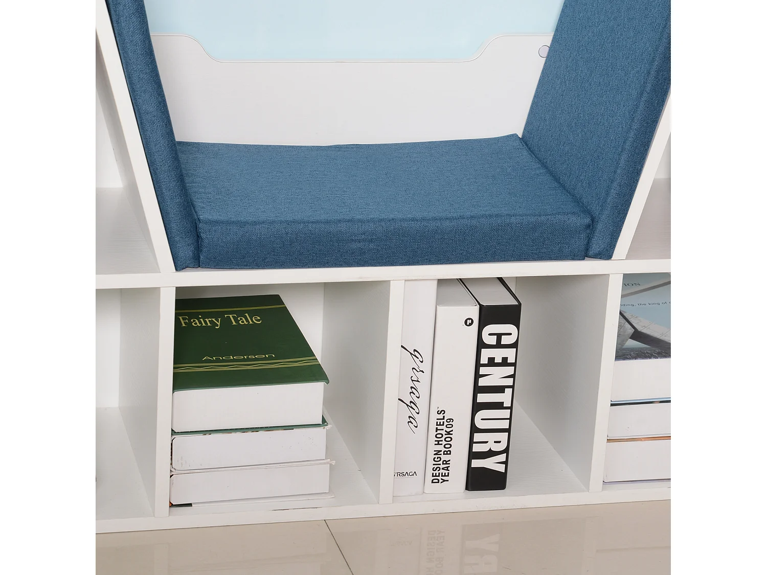 Bibliothèque banc 2 en 1 design contemporain 6 casiers 3 coussins fournis 102L x 30l x 61H cm blanc bleu