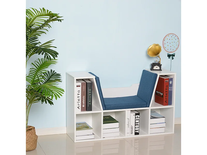 Bibliothèque banc 2 en 1 design contemporain 6 casiers 3 coussins fournis 102L x 30l x 61H cm blanc bleu