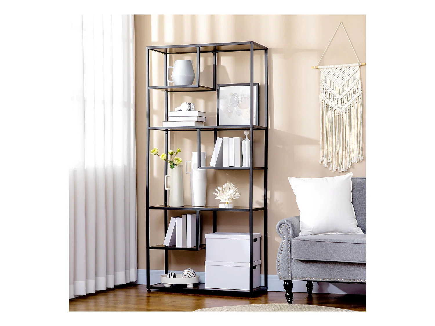 Bibliothèque étagère de rangement à 7 niveaux style industriel acier bois vieilli