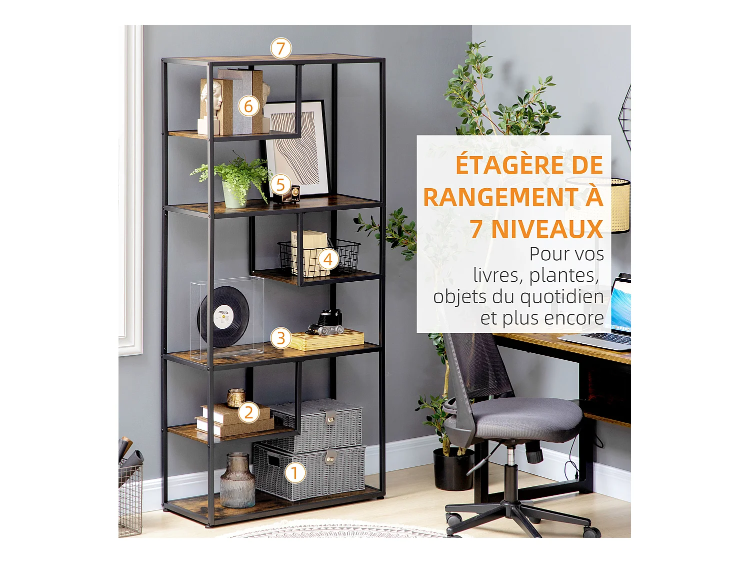 Bibliothèque étagère de rangement à 7 niveaux style industriel acier bois vieilli