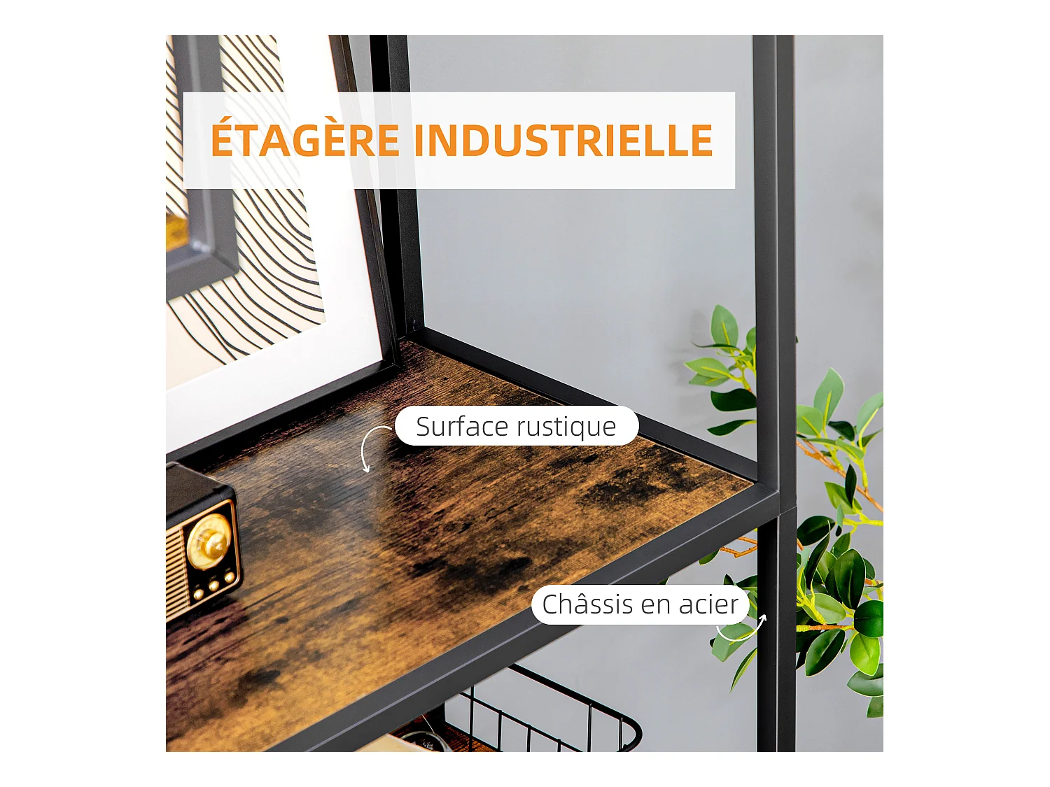 Bibliothèque étagère de rangement à 7 niveaux style industriel acier bois vieilli