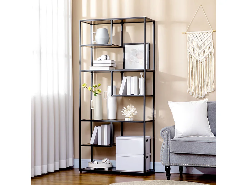 Bibliothèque étagère de rangement à 7 niveaux style industriel acier bois vieilli