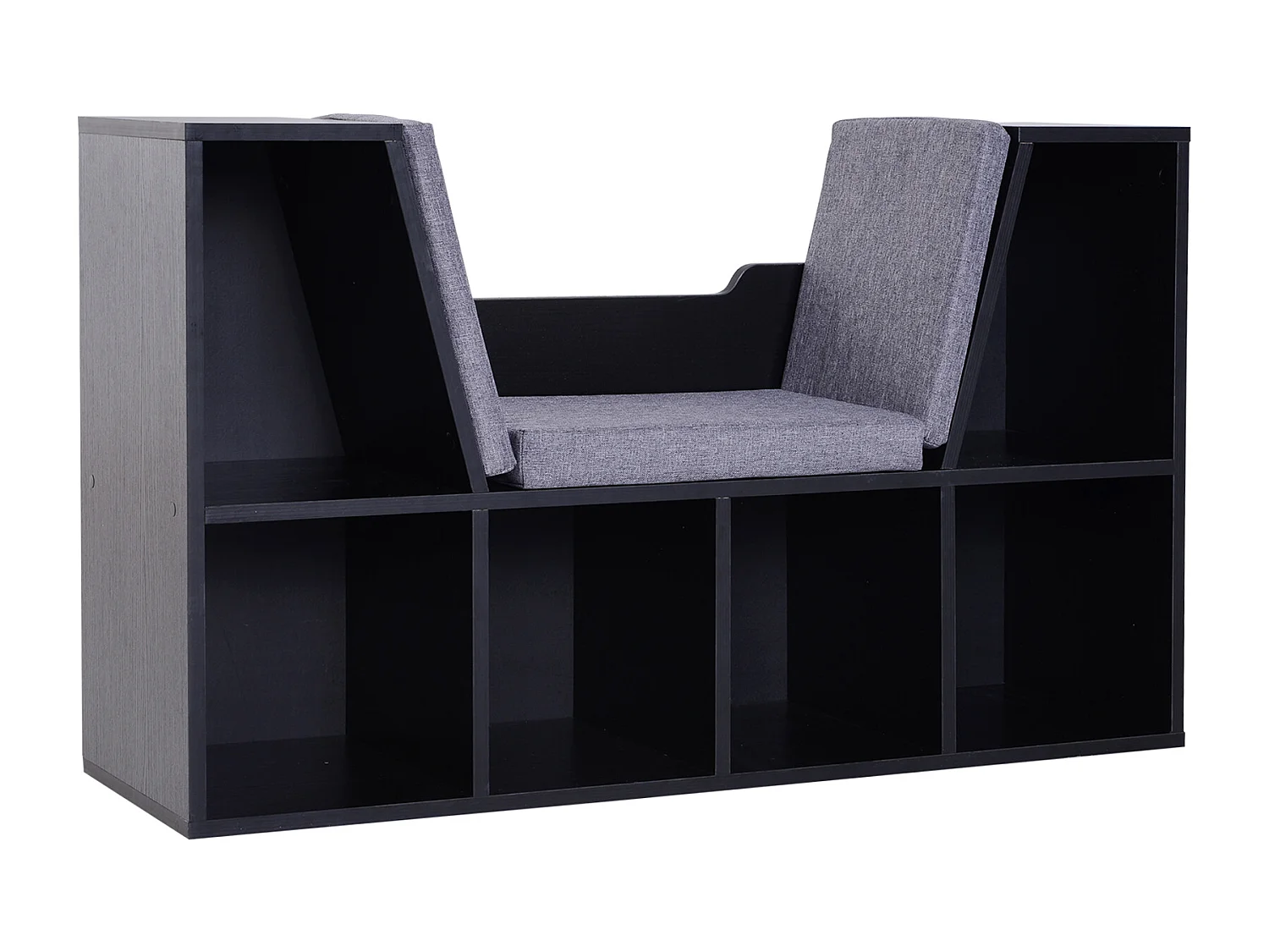 Bibliothèque banc 2 en 1 design contemporain 6 casiers 3 coussins fournis 102L x 30l x 61H cm noir gris