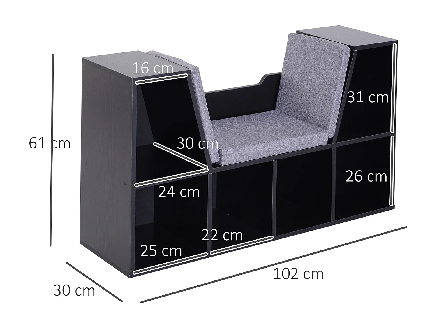 Bibliothèque banc 2 en 1 design contemporain 6 casiers 3 coussins fournis 102L x 30l x 61H cm noir gris
