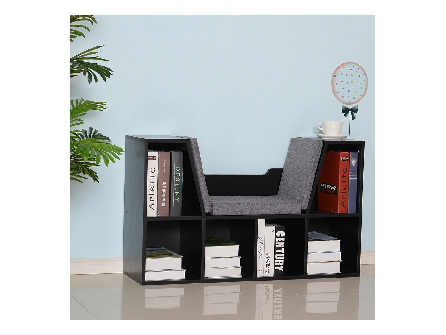 Bibliothèque banc 2 en 1 design contemporain 6 casiers 3 coussins fournis 102L x 30l x 61H cm noir gris