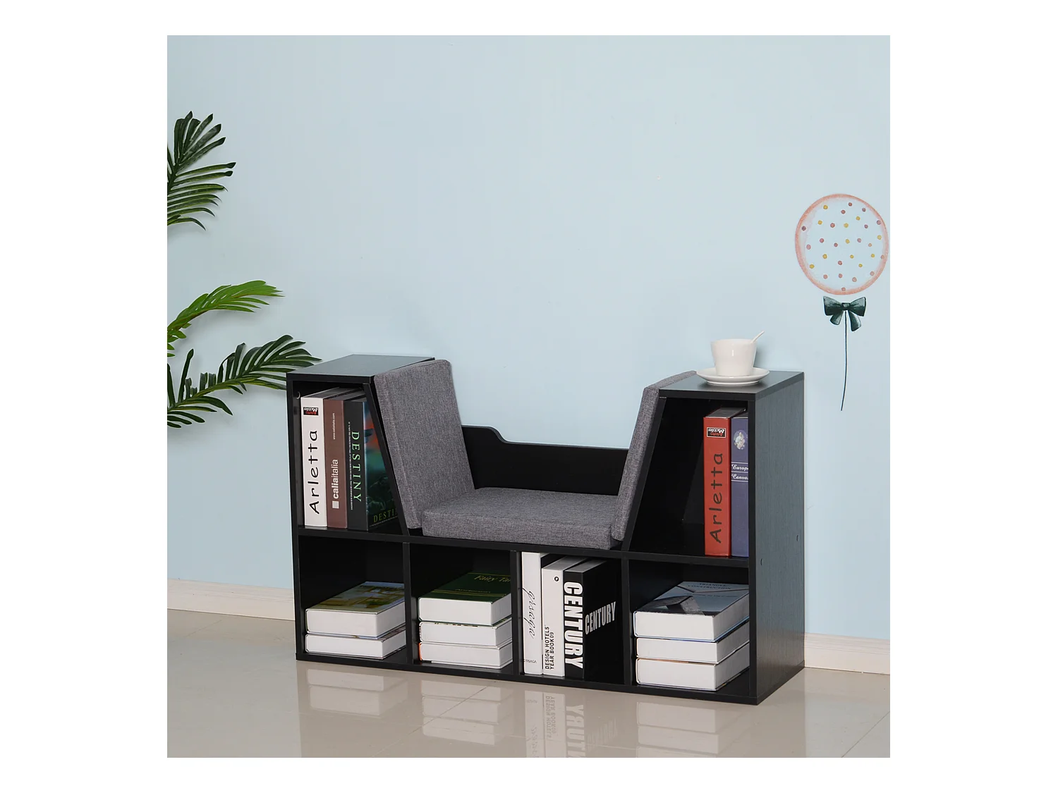 Bibliothèque banc 2 en 1 design contemporain 6 casiers 3 coussins fournis 102L x 30l x 61H cm noir gris