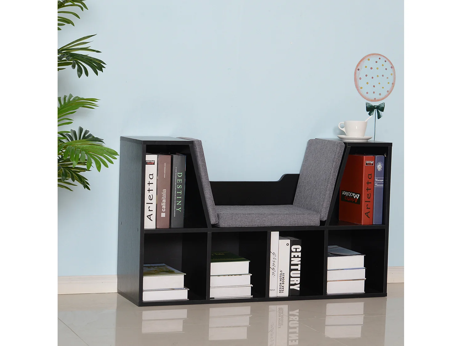 Bibliothèque banc 2 en 1 design contemporain 6 casiers 3 coussins fournis 102L x 30l x 61H cm noir gris