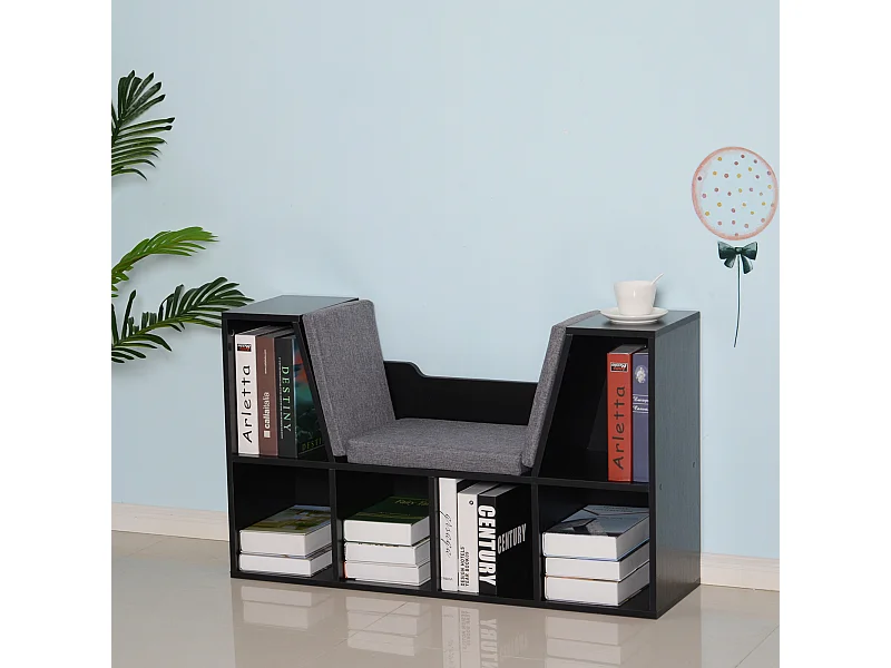 Bibliothèque banc 2 en 1 design contemporain 6 casiers 3 coussins fournis 102L x 30l x 61H cm noir gris