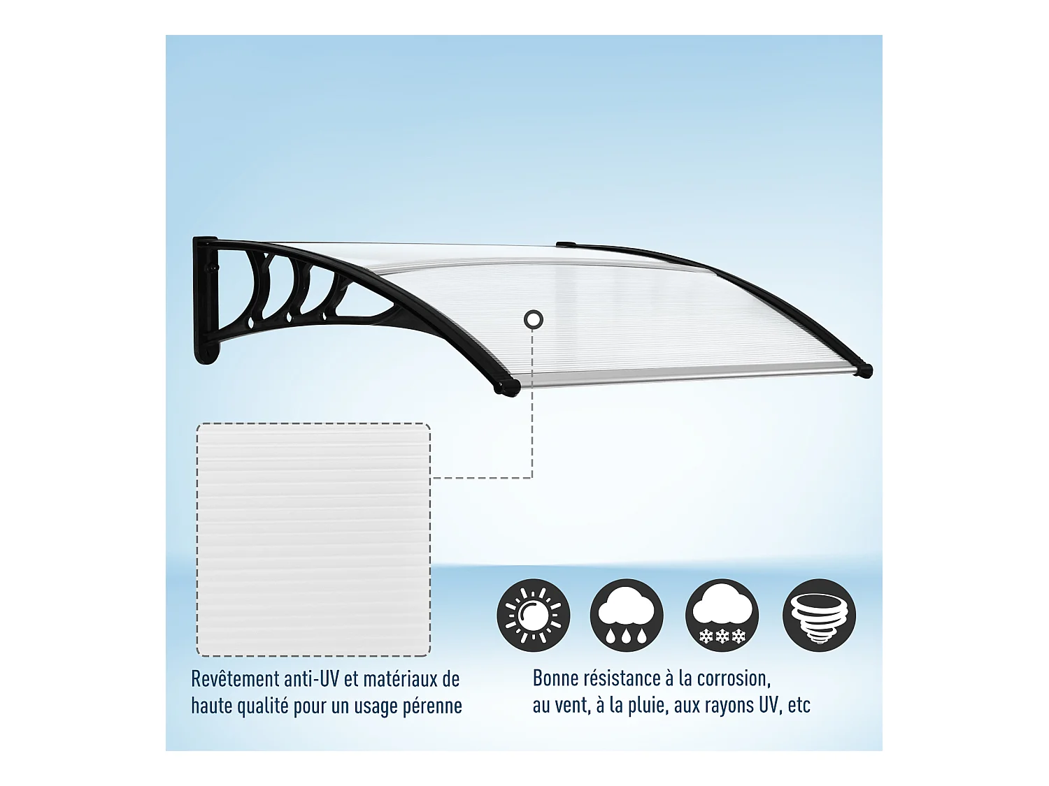 Auvent marquise de porte design voûté arrondi dim. 100L x 80l x 23H cm polycarbonate plastique noir