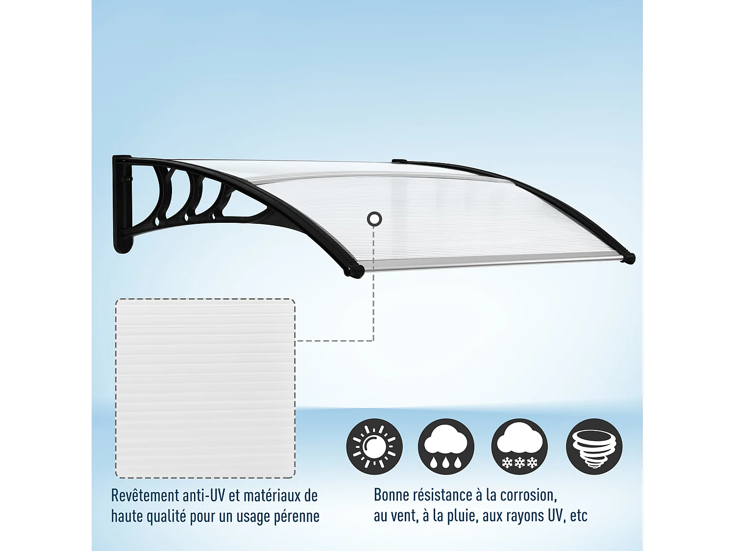 Auvent marquise de porte design voûté arrondi dim. 100L x 80l x 23H cm polycarbonate plastique noir