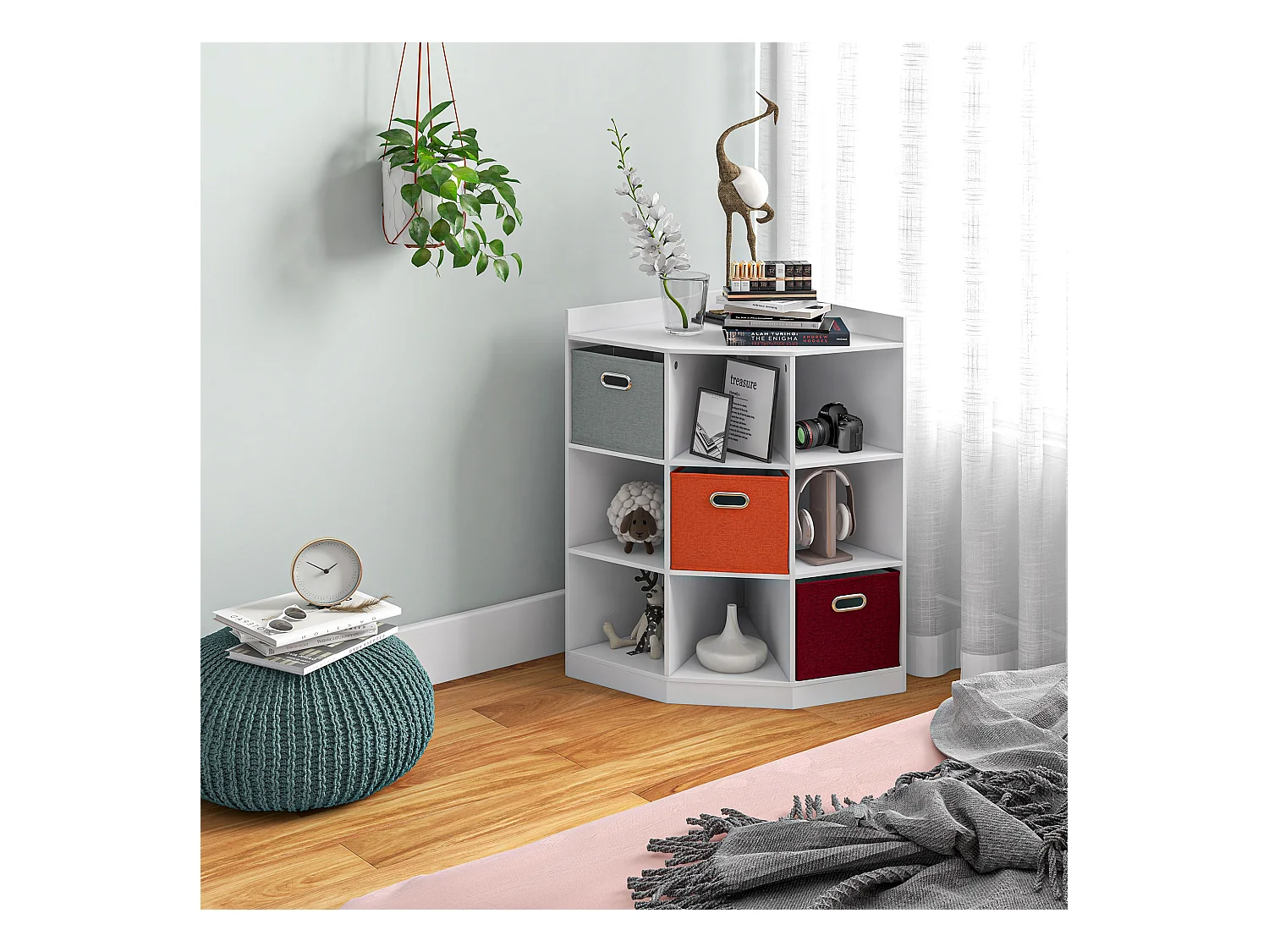 Meuble de rangement d'angle unité de rangement 9 niches 3 tiroirs non tissé MDF blanc