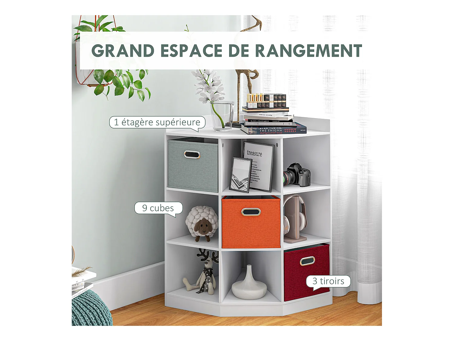 Meuble de rangement d'angle unité de rangement 9 niches 3 tiroirs non tissé MDF blanc