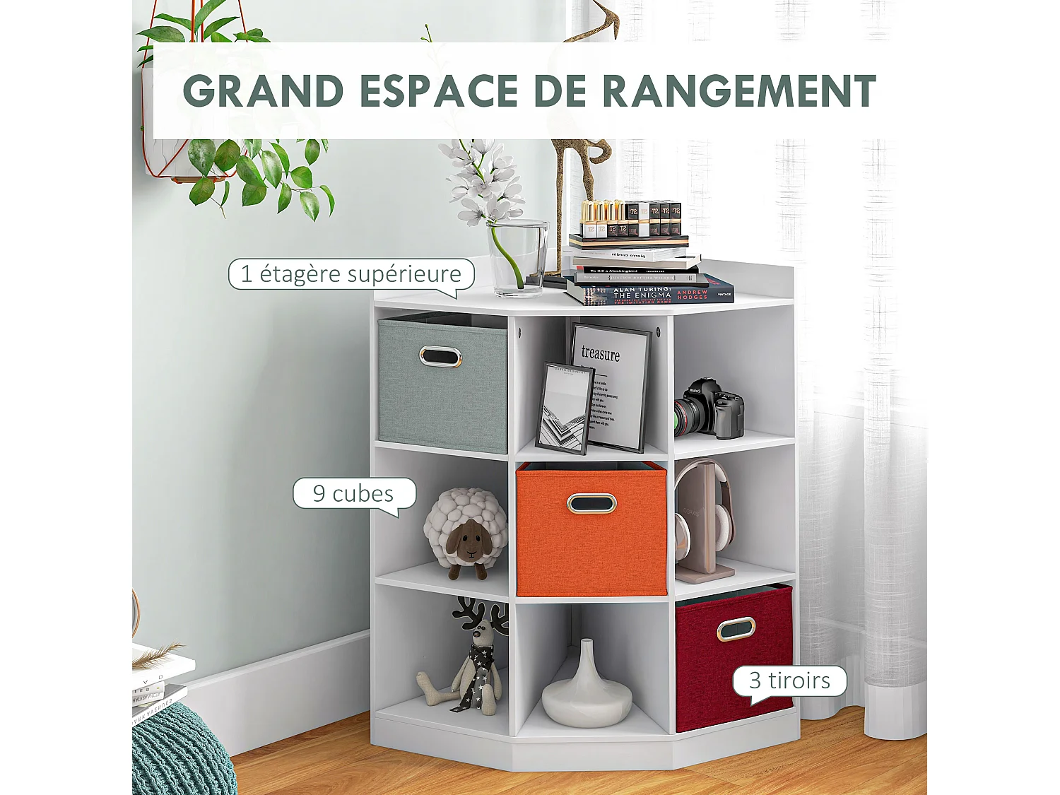 Meuble de rangement d'angle unité de rangement 9 niches 3 tiroirs non tissé MDF blanc