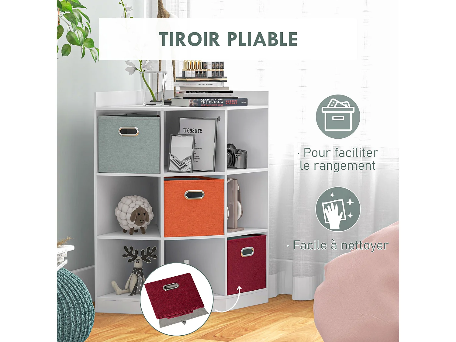 Meuble de rangement d'angle unité de rangement 9 niches 3 tiroirs non tissé MDF blanc