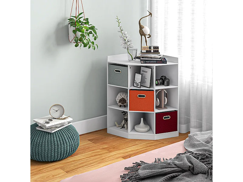 Meuble de rangement d'angle unité de rangement 9 niches 3 tiroirs non tissé MDF blanc