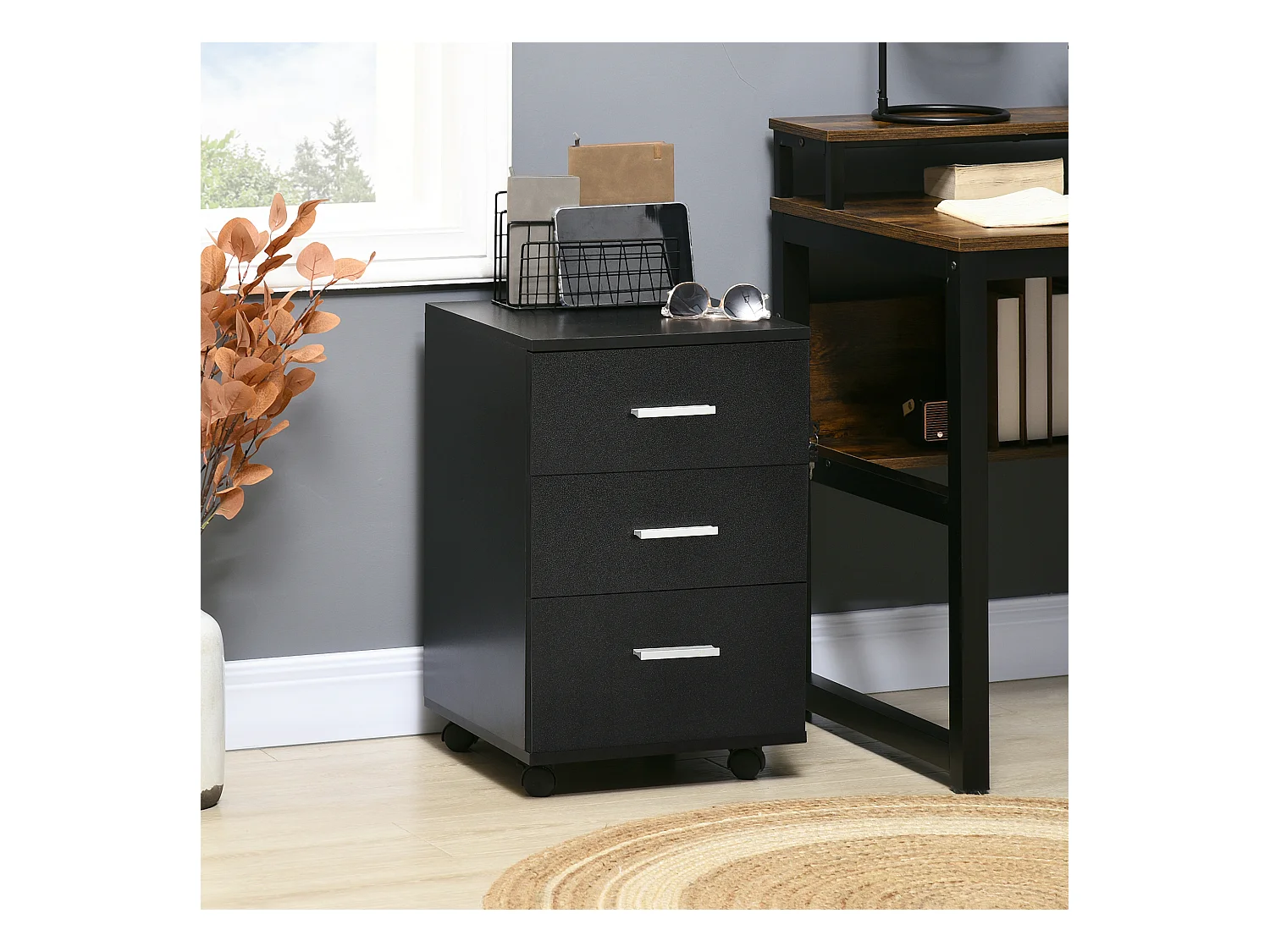 Caisson de bureau rangement bureau sur roulettes 3 tiroirs verrouillables dim. 40L x 41,5l x 61,5H cm noir