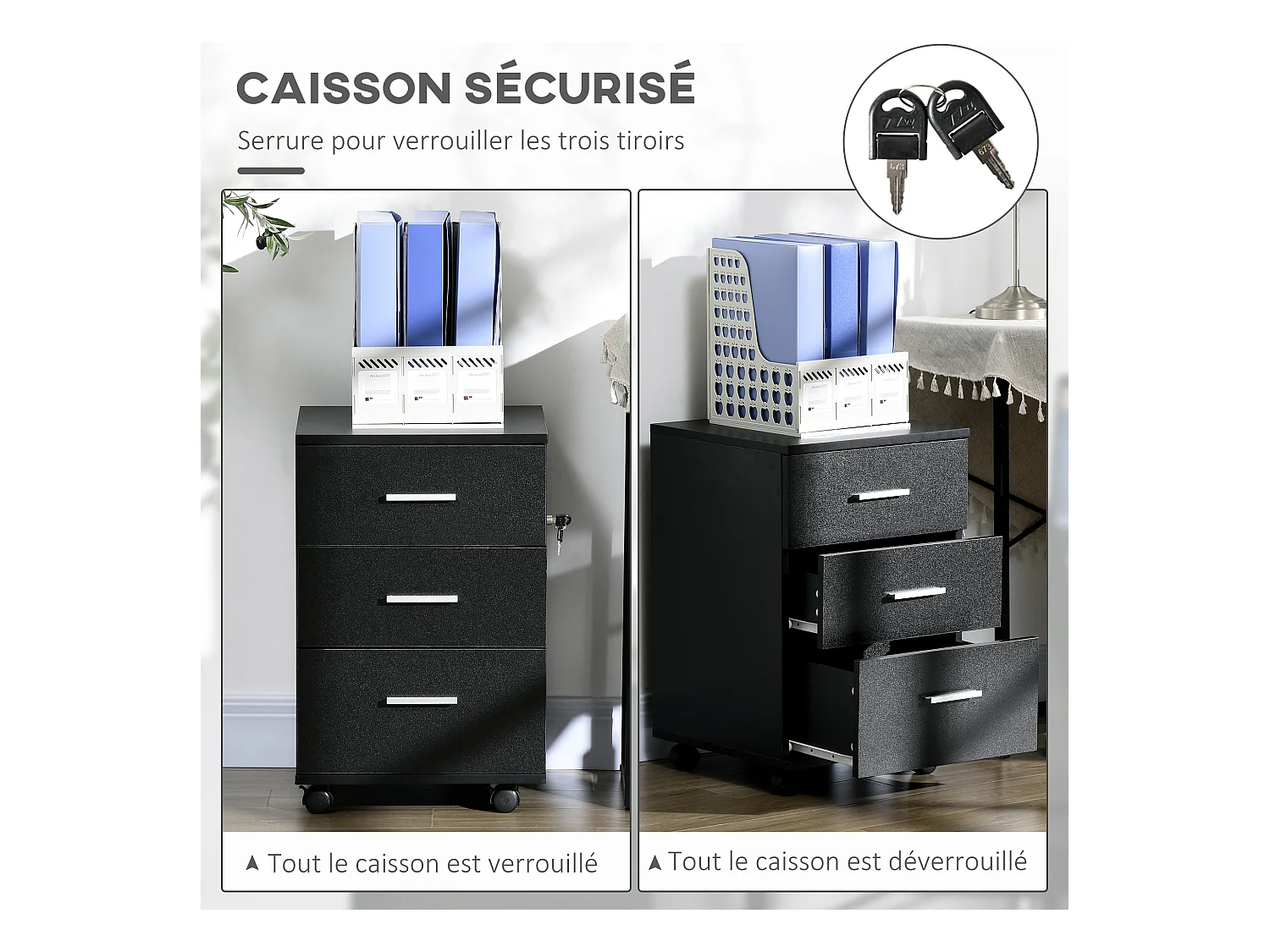 Caisson de bureau rangement bureau sur roulettes 3 tiroirs verrouillables dim. 40L x 41,5l x 61,5H cm noir