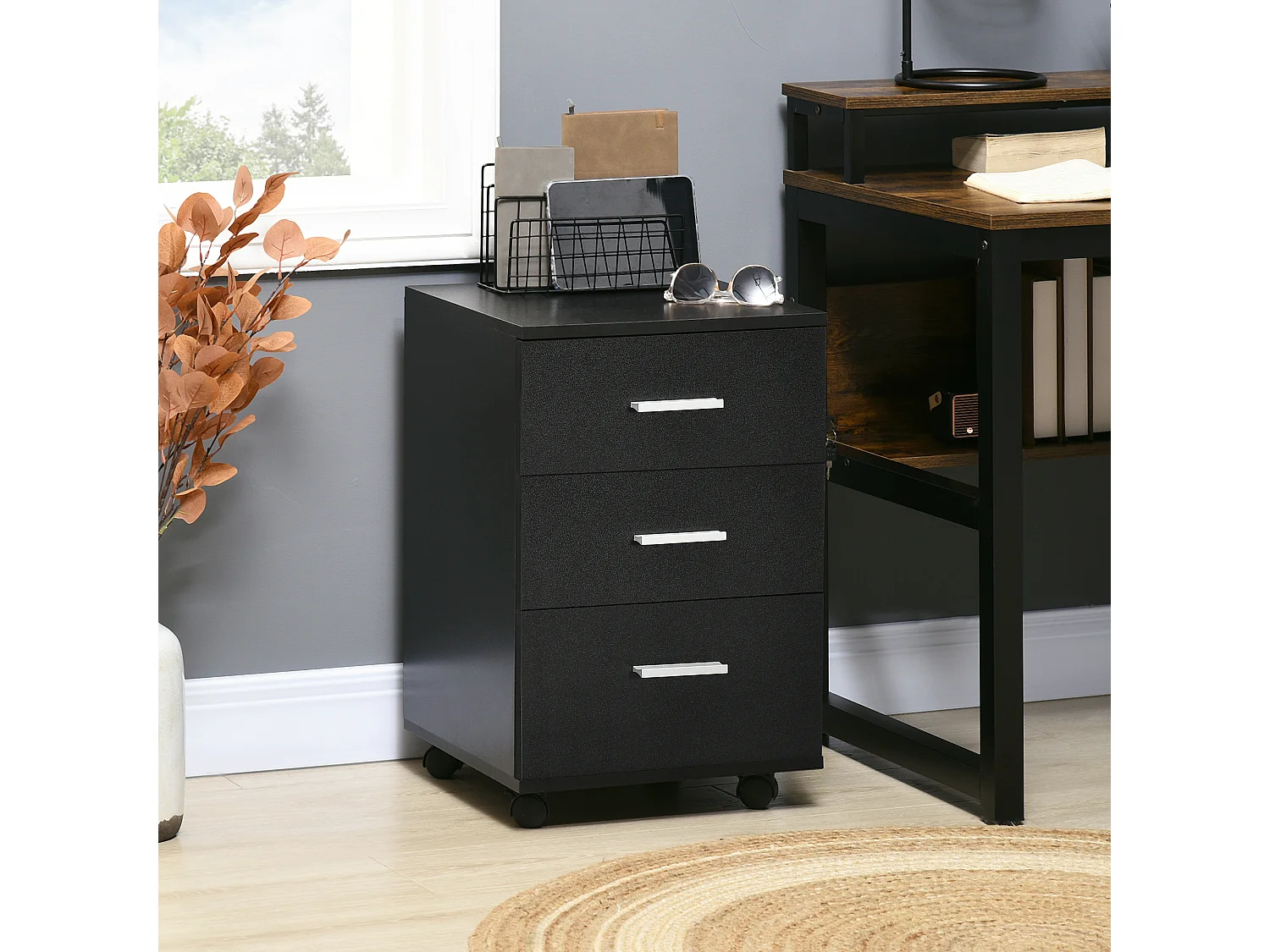 Caisson de bureau rangement bureau sur roulettes 3 tiroirs verrouillables dim. 40L x 41,5l x 61,5H cm noir