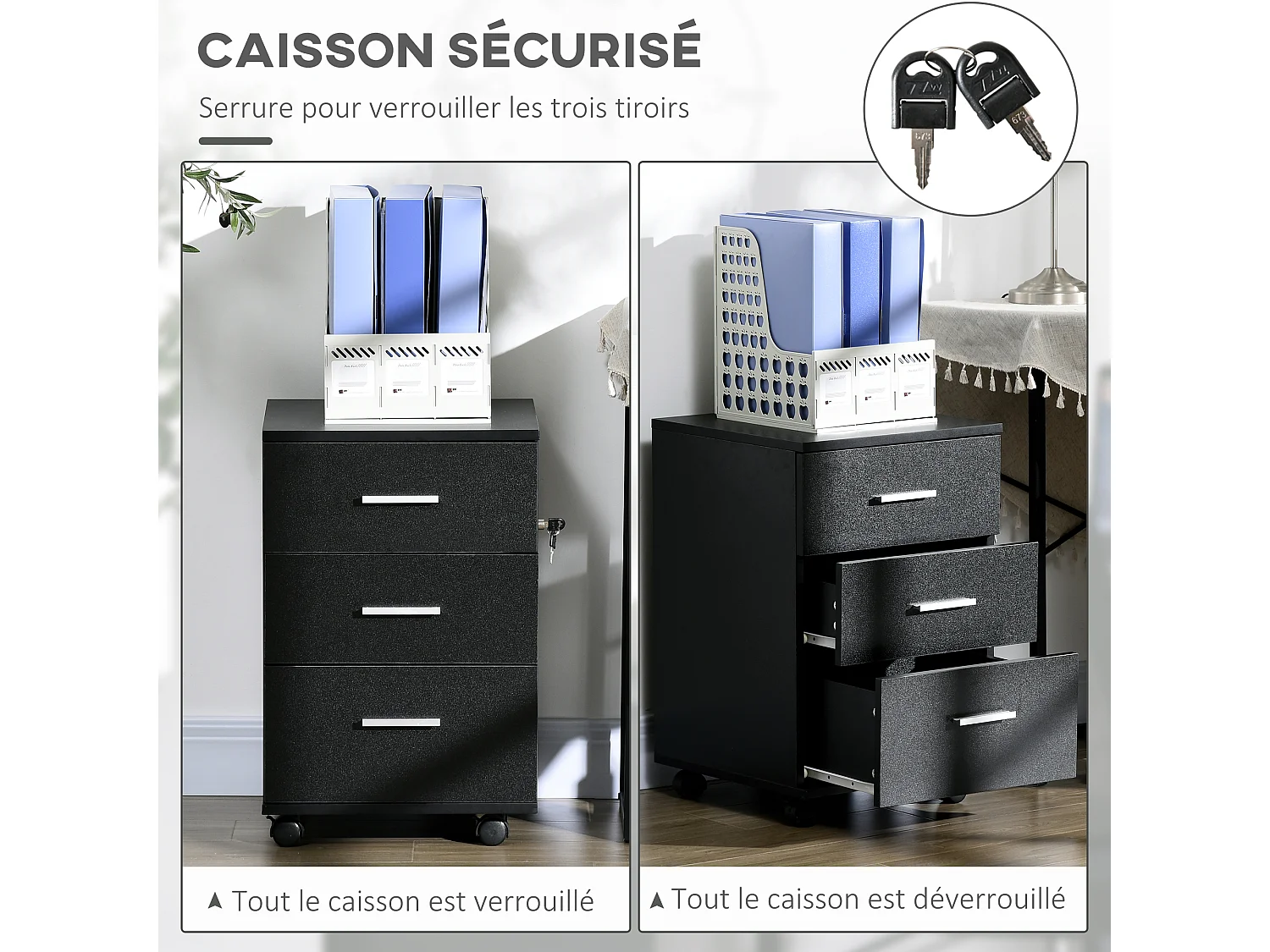 Caisson de bureau rangement bureau sur roulettes 3 tiroirs verrouillables dim. 40L x 41,5l x 61,5H cm noir