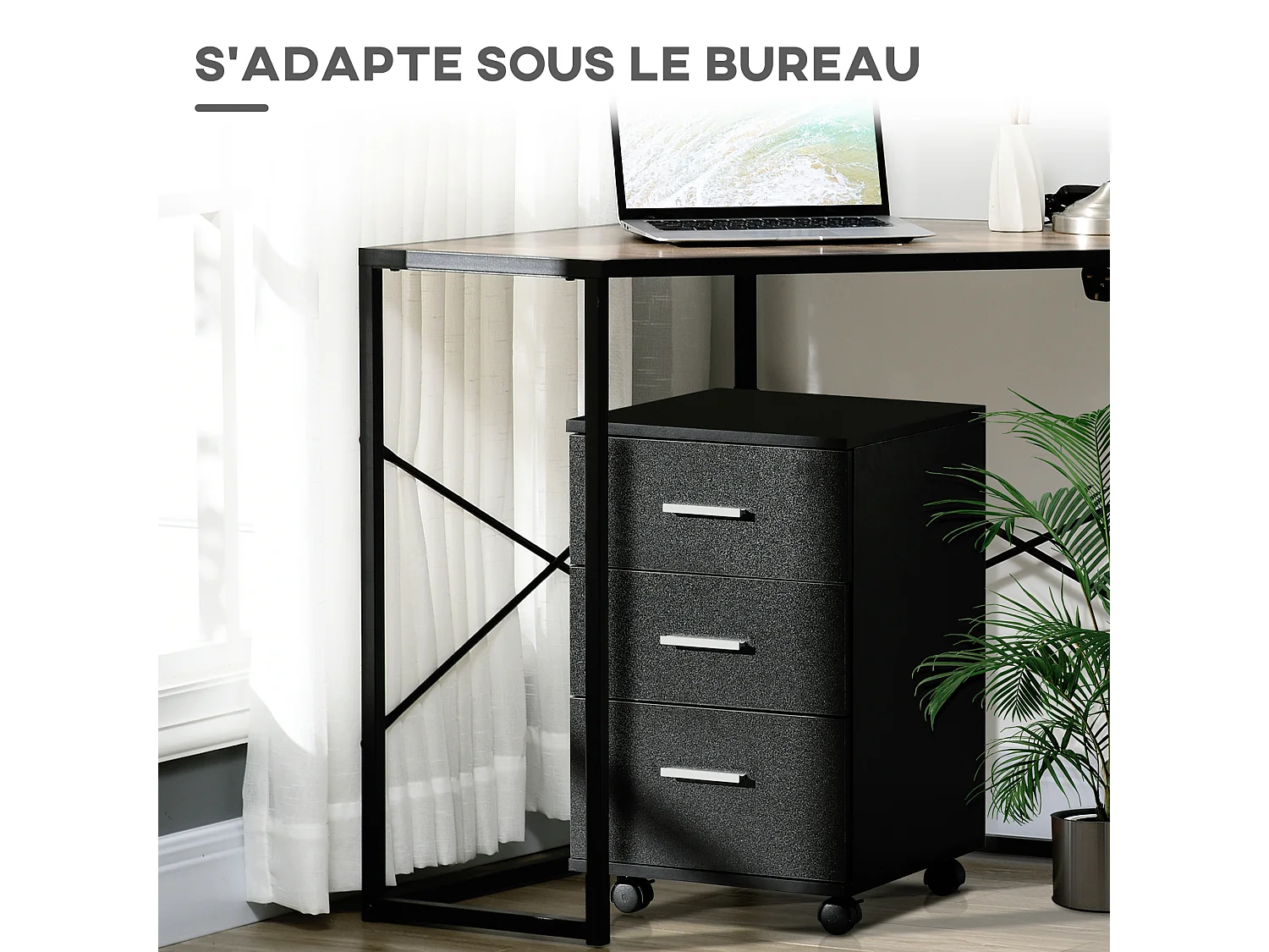 Caisson de bureau rangement bureau sur roulettes 3 tiroirs verrouillables dim. 40L x 41,5l x 61,5H cm noir