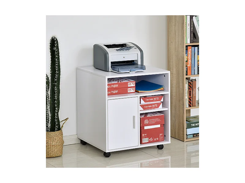 HOMCOM Support d'imprimante organiseur bureau caisson placard porte 3 niches + grand plateau panneaux particules blanc