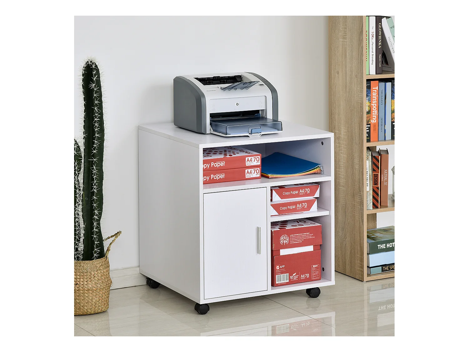 HOMCOM Support d'imprimante organiseur bureau caisson placard porte 3 niches + grand plateau panneaux particules blanc