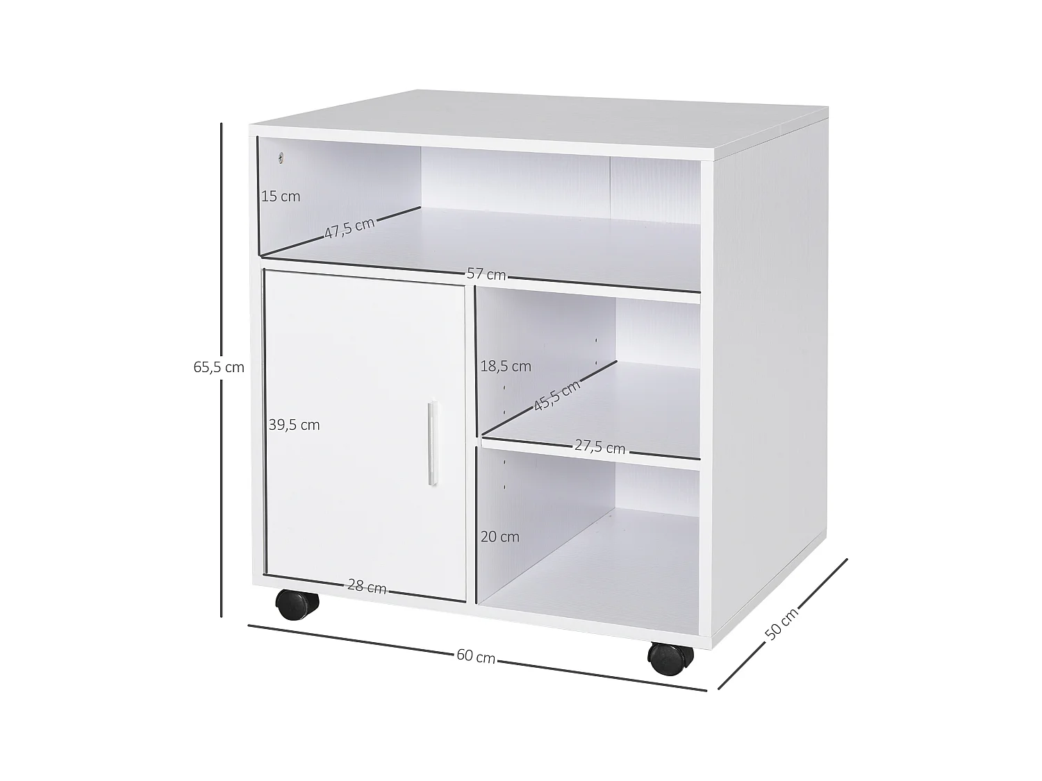 HOMCOM Support d'imprimante organiseur bureau caisson placard porte 3 niches + grand plateau panneaux particules blanc